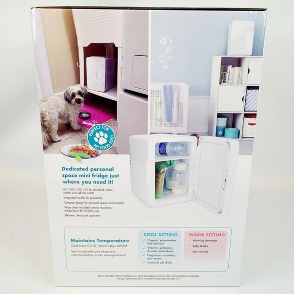 Mini Fridge Small Space Cooler Warmer 6 Can White Marble Finish Home Auto Beauty - Picture 7 of 12